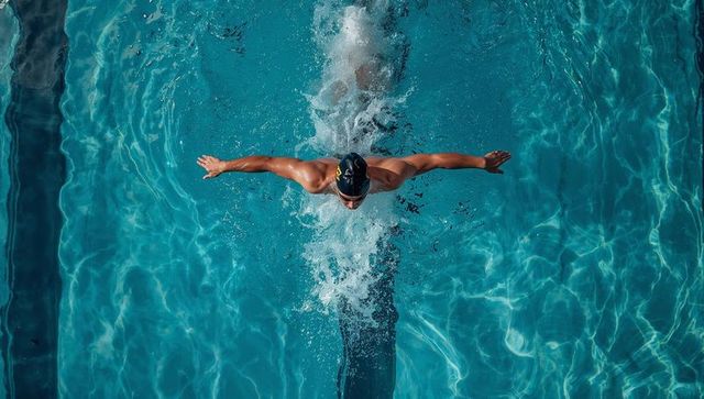 Topdown butterfly swimmer powering through turquoise lap pool, sunlit caustics and wake