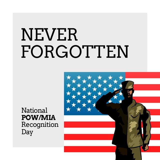 Flag of america and army soldier with never forgotten and national pow mia recognition day text. illustration, copy space, military, armed forces, honor, veteran, vietnam war, memorial, patriotism.