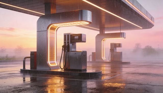 Glowing futuristic fuel forecourt reflecting rain at dawn with curved neon canopy