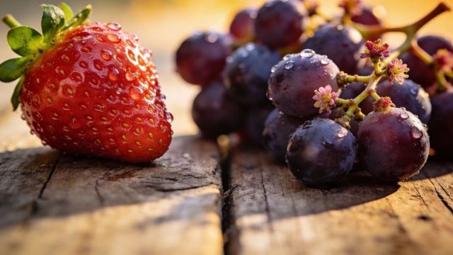 Dewy strawberry and red grapes on rustic wood macro close-up with warm bokeh