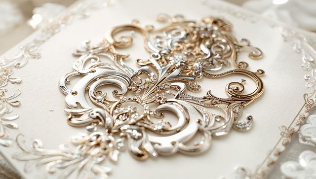 Closeup Ornate Gold and Silver Filigree Appliqué on Cream Textured Box Lid with Crystals