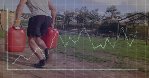 Athlete Training with Jerry Cans in Fitness Park with Data Overlay