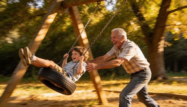 Grandfather Pushing Grandson on Tire Swing in Sunlit Park During Golden Hour