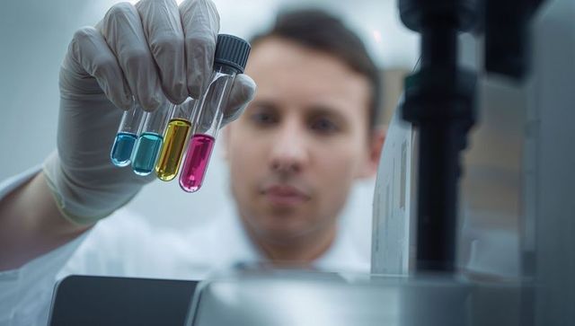 Scientist holding cyan yellow magenta test tubes for colorimetric analysis in lab