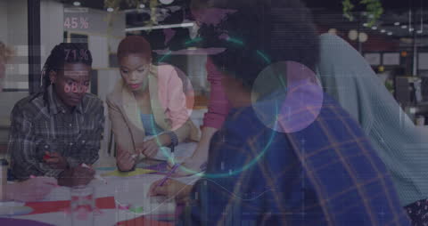 Multiracial Team Collaborating with Financial Data Visualization Overlay