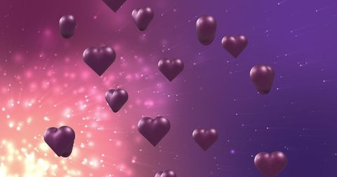 Floating Purple Hearts Over Radiant Background