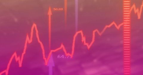 Red Market Line Graph Charting Volatility and Growth with Upward Arrows on Magenta Gradient
