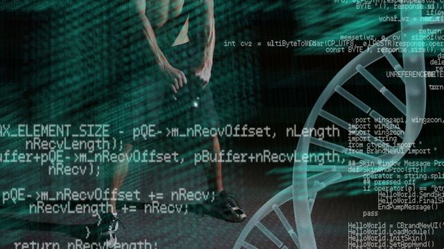 Video showing a caucasian man lifting a kettle bell with an overlay of code and a spinning DNA strand. Video can be used to represent the integration of technology in health and fitness industries, such as in gyms, healthcare websites, and tech blogs exploring advancements in health-data integration.