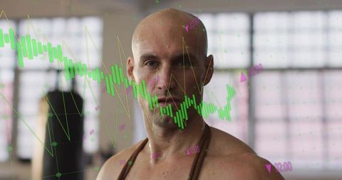Shirtless fit boxer training near heavy bag in bright studio with market data overlay