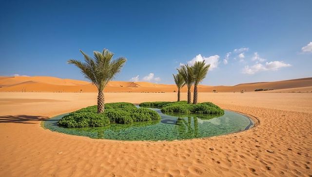 Desert oasis featuring turquoise circular pool reflecting palm islets amid golden dunes