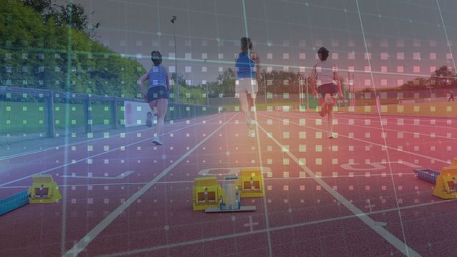 Dynamic scene featuring female athletes competing on an outdoor track, overlaid with digital data grids, symbolizing the integration of technology in sports. Useful for marketing in the sports and fitness industry, educational content about athlete performance tracking, and materials relating to the future of sports technology.