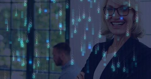 Businesswoman at office window with binary code overlay, leading digital shift