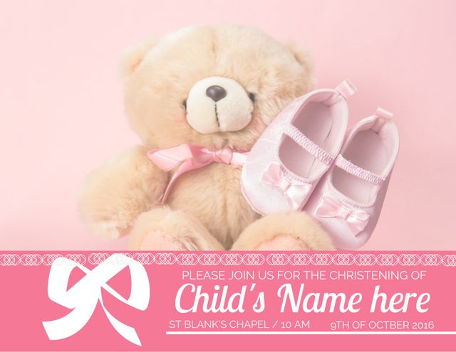 Cute Plush Bear and Baby Shoes for Christening Invitation - Download Free Stock Templates Pikwizard.com