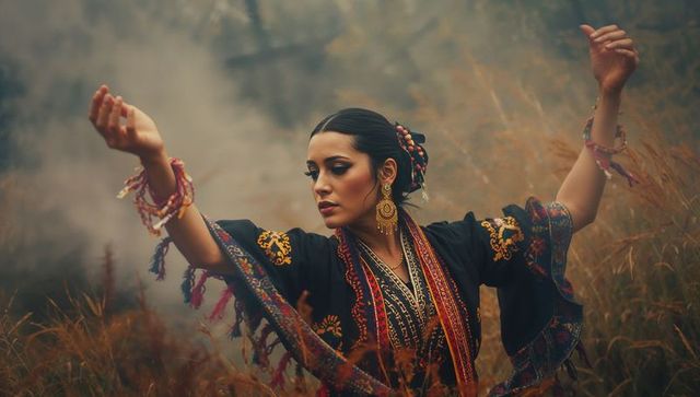 Graceful woman in traditional attire dancing in misty meadow
