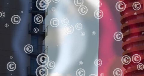 Twin urban towers with euro symbol overlay, abstract gradient and finance concept