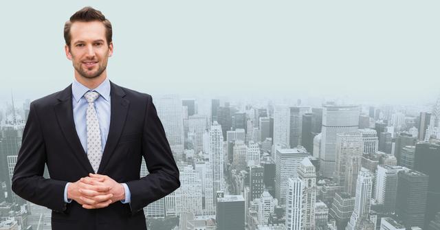 Professional businessman standing with hands clasped and city skyline in background. Perfect for depicting corporate, business, and professional themes. Can be used in websites, presentations, advertisements, and marketing materials.