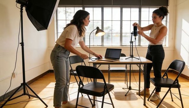 Two creators preparing podcast recording with laptop and condenser mic in sunlit studio