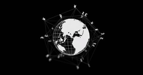 Global finance network with currency symbols on black background