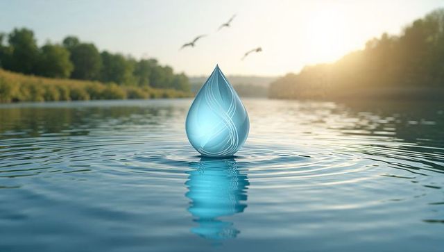 Translucent blue teardrop floating on calm lake creating concentric ripples at golden hour