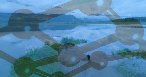 Woman exploring serene lake with connected network overlay