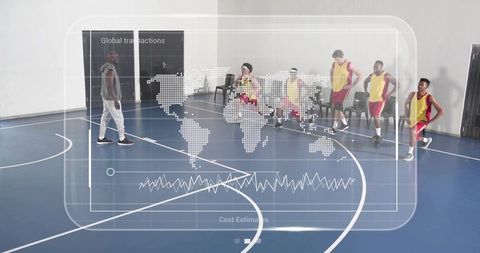 Coach directing basketball team during indoor training drill with global data overlay