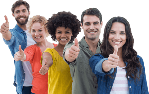 Transparent happy diverse team showing thumbs up gesture