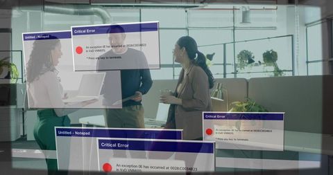 Team collaborating amid translucent system error overlays, modern workplace tech disruption
