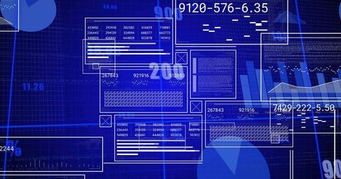 Futuristic Blue Analytics Dashboard Displaying Clustered Data Panels, Charts, Matrix Grids
