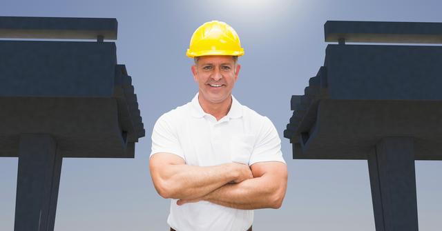 Portrait of architect in hardhat and arms crossed with broken bridge in background