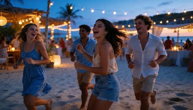 Friends running and dancing on tropical beach at dusk with festive string lights