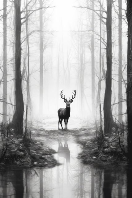 Stunning depiction of a majestic stag standing in a misty forest clearing, with reflective water underlining its elegance. Ideal for promoting eco-tourism, wildlife conservation, or nature-related content. Can be used in blogs, posters, and ads focusing on wildlife photography or serenity in nature.