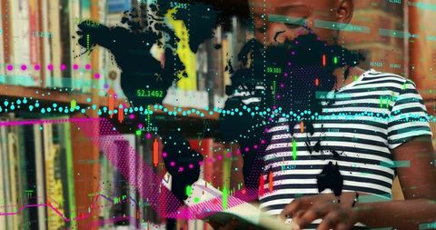 Child Reading Library Book with Global Data Visualization