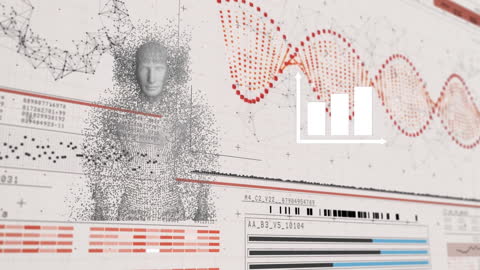 Exploding Particles Forming Digital Human Against DNA Background