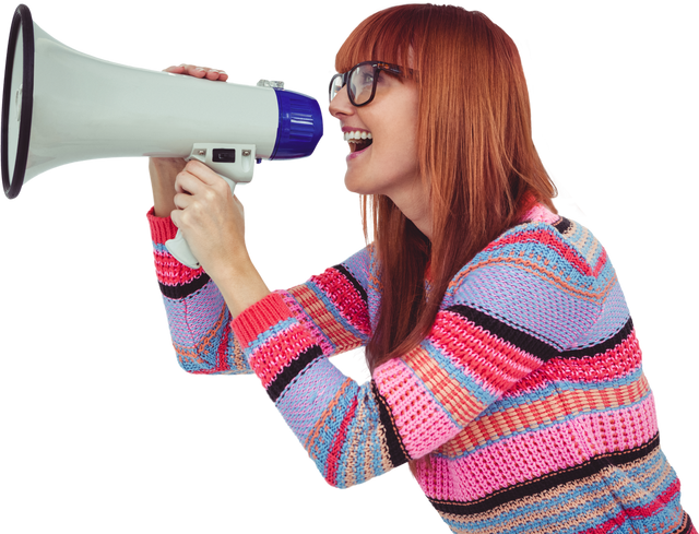 Transparent Background Smiling Hipster Woman Shouting Through Megaphone - Download Free Stock Videos Pikwizard.com