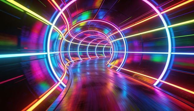 Neon futuristic tunnel with circular led arches, glossy reflective floor, motion glow