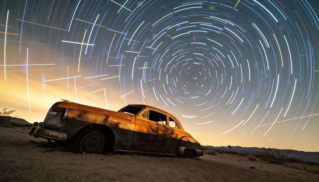 Rusted vintage sedan sinking into desert sand at night with dramatic circular star trails