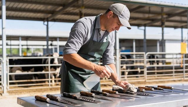 Butcher cleaning knives on stainless steel table at dairy farm shed with cattle in background