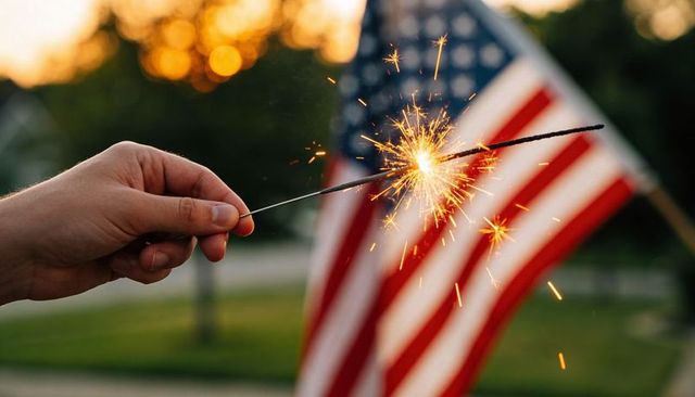 Hand holding sparkler against blurred american flag at golden hour fourth of july celebration