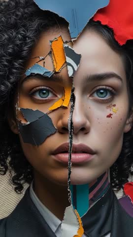 Peeling Portrait Collage Reassembling Face with Teal Stripe Reveal - Vertical Video