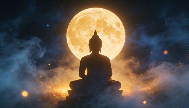 Seated buddha silhouette meditating under full moon with mist, golden sparks, celestial halo