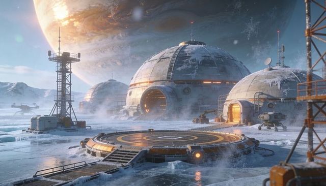Sci-fi frozen research outpost bathed in warm light beneath distant gas giant