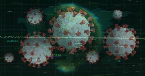 3D Coronavirus Particles Floating Over Digital Data Grid with HUD Readouts and Scanlines