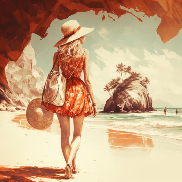 Woman in Flowing Dress Strolling Tropical Beach - Download Free Stock Images Pikwizard.com