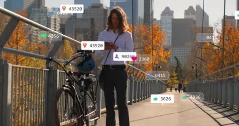 Man tapping phone on urban bridge while social media notifications popping around bicycle and people