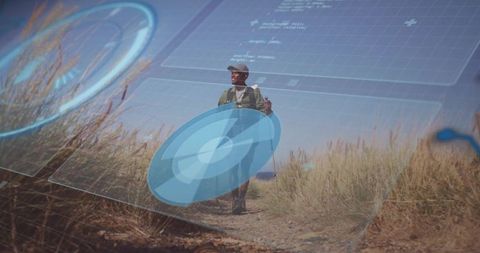 Hiker navigating coastal trail with blue ar hud overlay, outdoor navigation and adventure