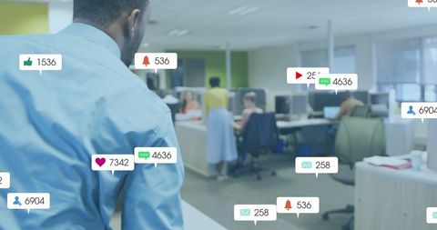 Diverse team immersed in digital world with social media metrics