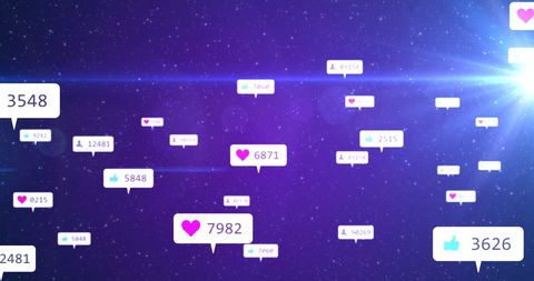 Social media icons and likes against starry purple background