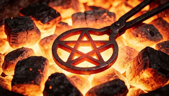 Glowing pentagram metalwork heating on hot charcoal embers with blacksmith tongs