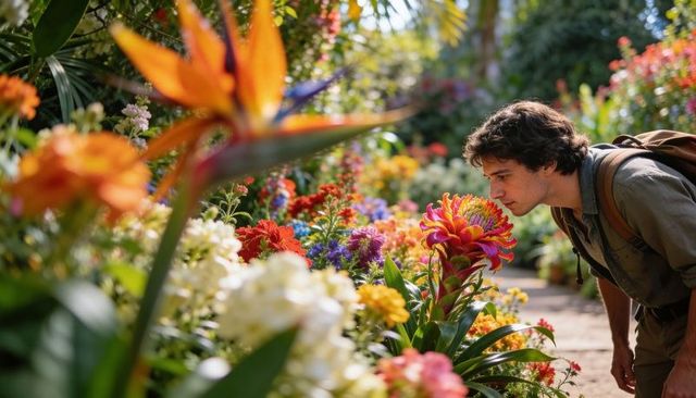 Young man leaning to smell vibrant tropical flowers on botanical garden pathway