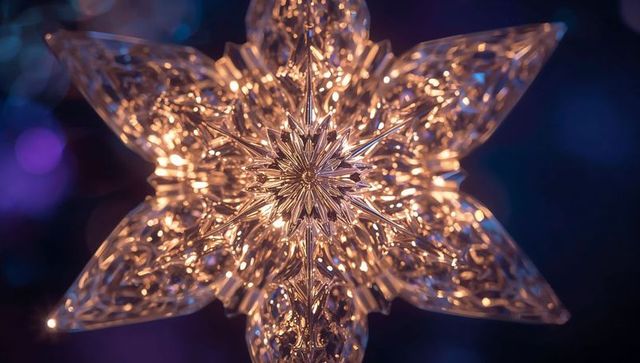 Glowing crystal star casting warm reflections with purple bokeh holiday ornament